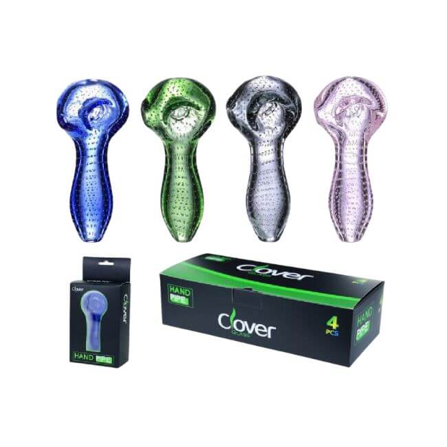CLOVER GLASS 4.5″ PREMIUM FANCY DESIGN ASSORTED COLOR HAND PIPE