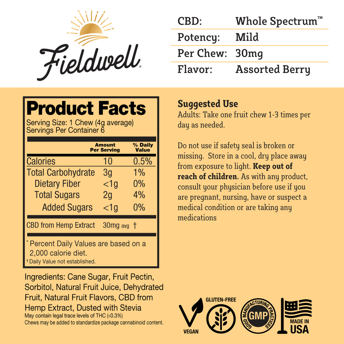 FIELDWELL WHOLE SPECTRUM CBD FRUIT CHEWS ASSORTED BERRY 180MG GUMMIES 6CT/ BAG