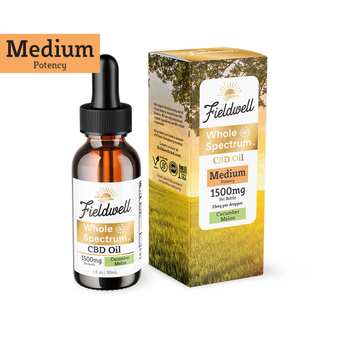 FIELDWELL WHOLE SPECTRUM CBD OIL MEDIUM 1500MG 1FL.OZ 30ML TINTURE BOTTLE