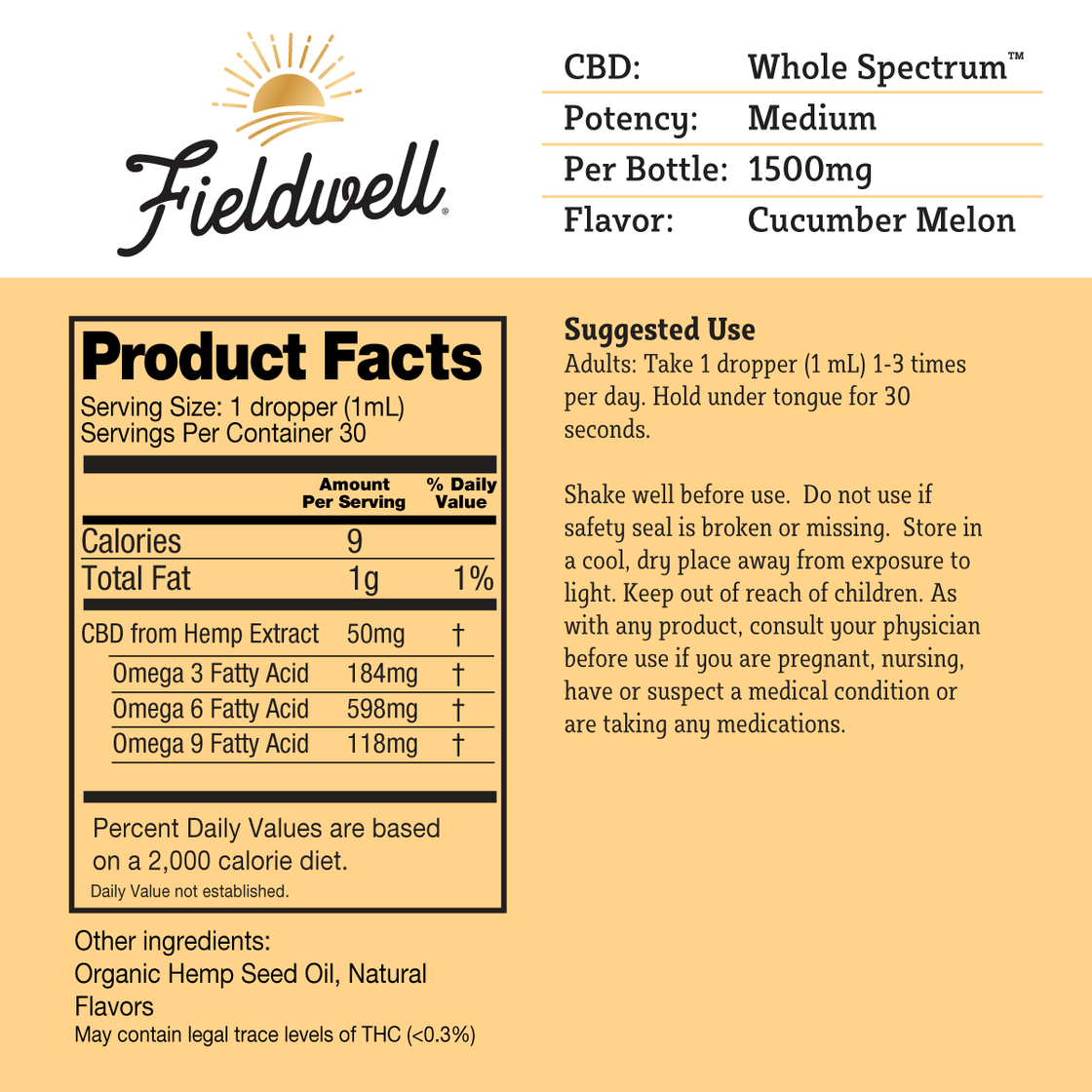 FIELDWELL WHOLE SPECTRUM CBD OIL MEDIUM 1500MG 1FL.OZ 30ML TINTURE BOTTLE